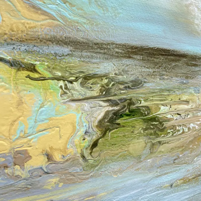 Serene Solitude artbond Yelena Bondarenko, vloeibaar acryl op linnen (60x90), kalm horizonlandschap met water en bergen.