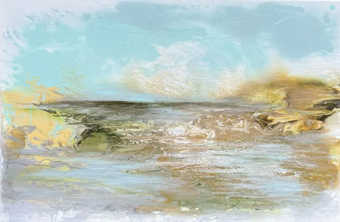 Serene Solitude artbond Yelena Bondarenko, vloeibaar acryl op linnen (60x90), kalm horizonlandschap met water en bergen.