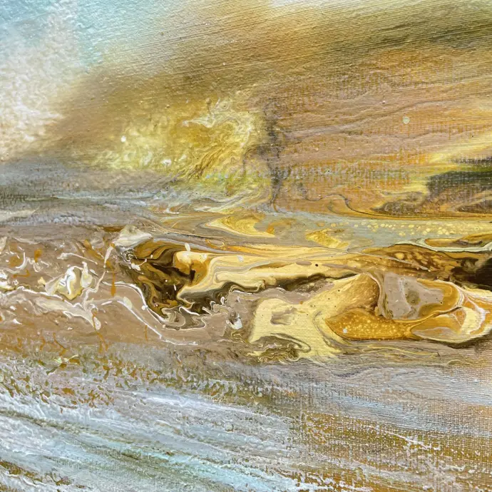 Serene Solitude artbond Yelena Bondarenko, vloeibaar acryl op linnen (60x90), kalm horizonlandschap met water en bergen.