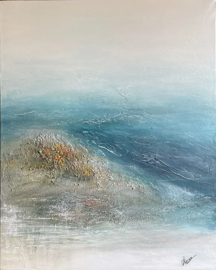 Abstract schilderij 'Open Horizons' met kalme blauwe horizontale vlakken en een zachte reliëfstructuur "Open Horizons" (100x80cm) van Yelena Bondarenko. Abstract schilderij dat de rust van de zee uitbeeldt. Vraag informatie aan.