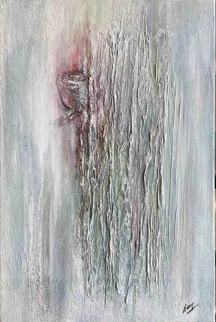 Abstract schilderij 'Rose in Ice' met delicate roze accenten in een koele blauw-witte textuur. "Rose in Ice" (60x40cm) van Yelena Bondarenko. Abstract schilderij dat koele tinten met zachte schoonheid combineert. Vraag informatie aan.