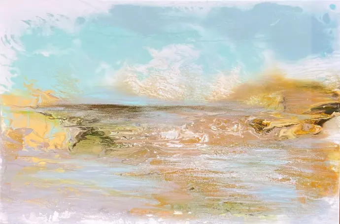 Abstract schilderij 'Serene Solitude' dat een kalm landschap uitbeeldt met een horizon, water en bergen in vloeiende tinten. "Serene Solitude" (60x90cm) van Yelena Bondarenko. Een kalm abstract landschap in vloeibaar acryl op linnen. Vraag informatie aan.