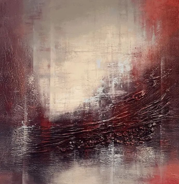 Abstract schilderij 'Crimson Ridge of Autumn' , contrast van dieprood en zwart met reliëf. Hoofdprijs Artpoint Kasteel Borluut 2025 "Crimson Ridge of Autumn" (90x90cm) van Yelena Bondarenko – acryl op linnen met krachtig contrast en textuur. Ontdek dit werk of vraag informatie.