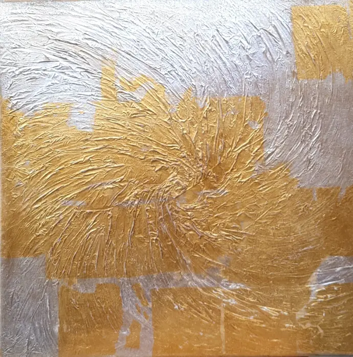 Abstract schilderij 'Gold Weave' met gouden cirkels en een voelbare reliëfstructuur op linnen. "Gold Weave" (60x60cm) van Yelena Bondarenko. Abstract schilderij met gouden cirkels en reliëf. Vraag informatie aan