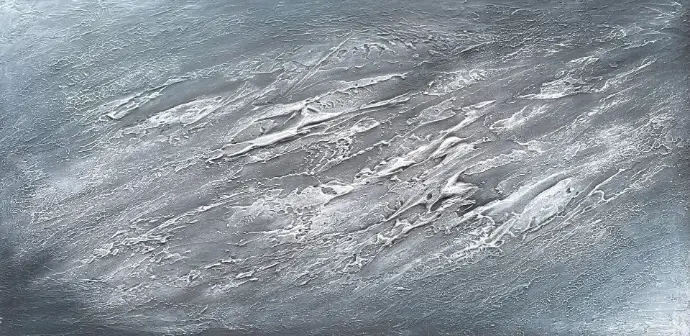 "Chromatic Currents" (60x120cm) van Yelena Bondarenko – dynamisch acryl op linnen, geïnspireerd door wind en actie. Ontdek dit kunstwerk of vraag informatie. Abstract schilderij 'Chromatic Currents', donkere horizontale vegen met lichte accenten en reliëf.