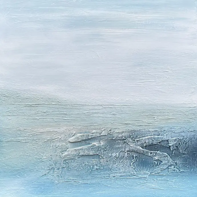 Serenity of the North Sea (2025) door Yelena Bondarenko: abstract kunstwerk op linnen doek, structuurpasta en acryl. Rust, surfing en vitaliteit.