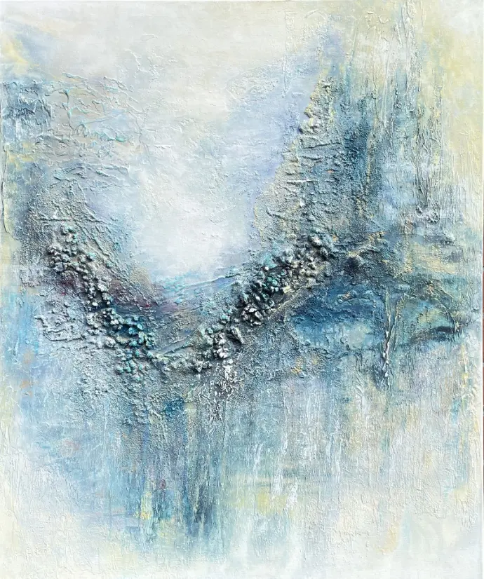 Hoofdprijs Artpoint Kasteel Borluut 2025 Abstract schilderij 'Corfu' in dynamische blauw-groene tinten met reliëf en lichtaccenten.