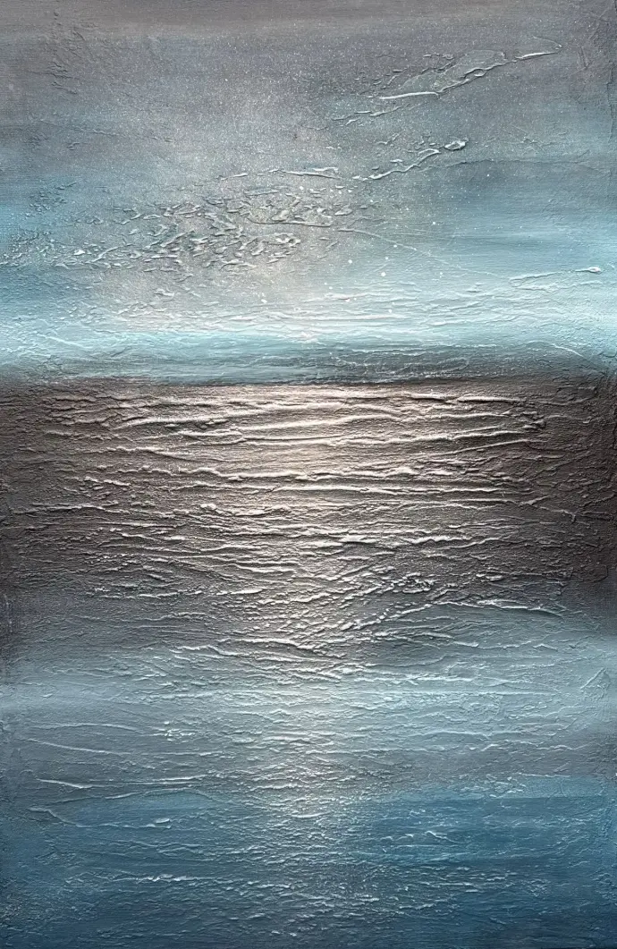 The Silence of Infinity (90x60cm) van Yelena Bondarenko. Een sereen abstract schilderij over stilte en maanlicht. Vraag informatie aan.