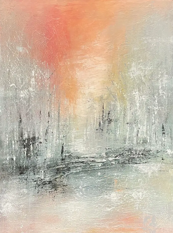 Silent Enchantment (Yelena Bondarenko, 2025): acryl op linnen, 80x60 cm. Herfstlandschap, rustgevende herfstkleuren en subtiele, organische texturen.