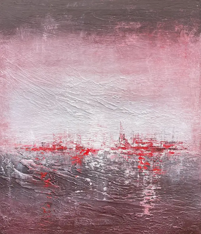 "Crimson Light of the Port" Yelena Bondarenko Acryl op linnen (70x60). Poëtisch maritiem abstract met textuur en beweging. "Crimson Light of the Port" 70x60 cm, linnen doek, roze/rood havenhorizon reliëf.