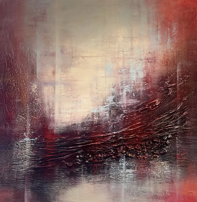 Crimson Ridge of Autumn (90x90cm) van Yelena Bondarenko – acryl op linnen met krachtig contrast en textuur. Ontdek dit werk of vraag informatie.