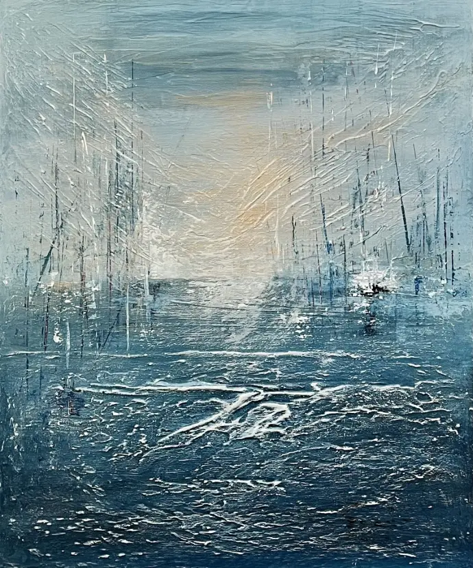 "Silent Horizon" - Yelena Bondarenko, acryl op linnen (60x50). Dynamisch zeegezicht, Noordzee-inspiratie, moderne textuur en sfeer. Abstract schilderij "Silent Horizon", 60x50 cm, blauw, textuur, horizon, zeegezicht.