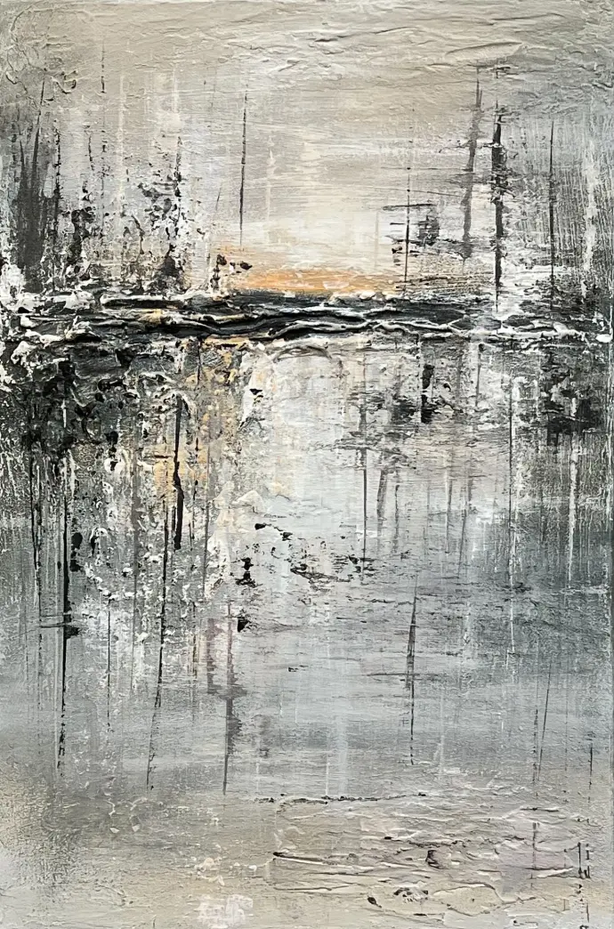 "Fragments of Time" - Yelena Bondarenko, acryl op linnen (60x40). Abstract schilderij met textuur, reflectie op tijd en momenten. Modern en sfeervol. "Fragments of Time," 60x40 cm. Abstracte grijze en oranje acryl op linnen met textuur.