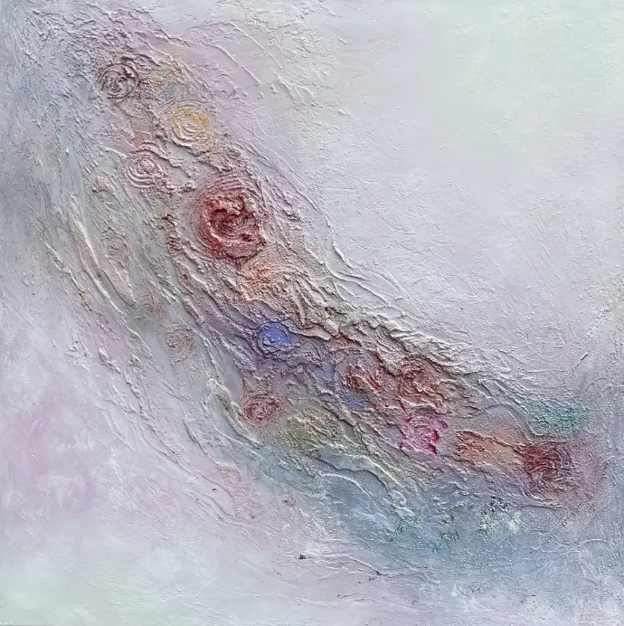 Parisian Tenderness door Yelena Bondarenko, acryl op linnen 90×90 cm; zachte, romantische tinten geïnspireerd door Montmartre en barok. Parisian Tenderness, linnen doek 90×90 cm, zachte barokke tinten roze en ivoor.