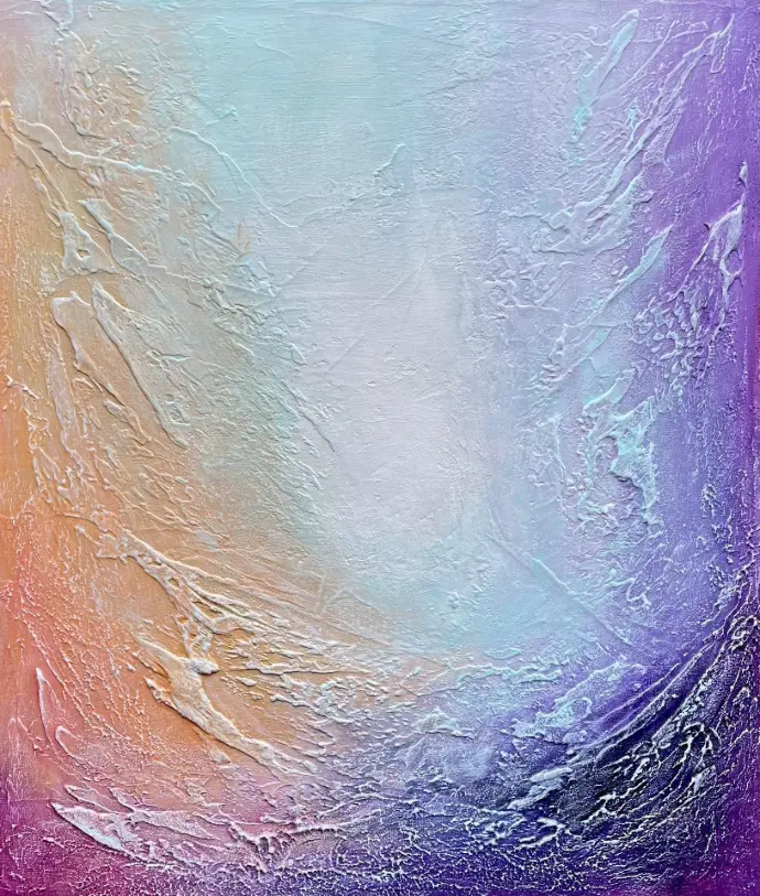 Acrylschilderij "Symphony of Pastels" (70x60cm) met zachte pasteltinten en textuur. "Symphony of Pastels" (Yelena Bondarenko, 2025): acryl op linnen, 70x60 cm. Subtiele pasteltinten, geïnspireerd door Parijs, licht en liefde.