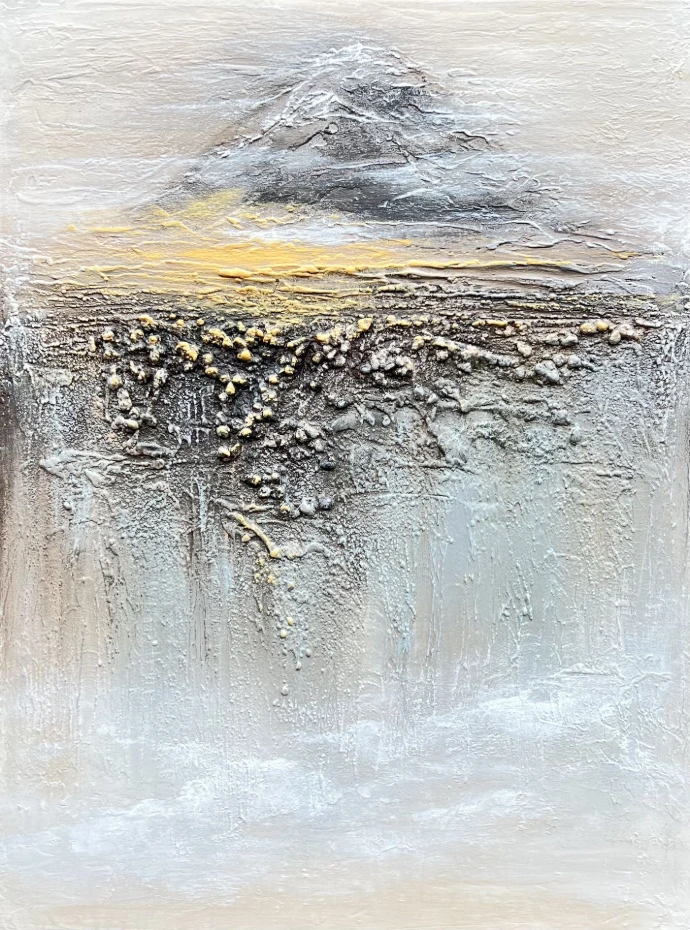 Abstract schilderij met vurige rode en oranje kleuren en een dynamische reliëfstructuur. "Volcanic Dawn" (80x60cm) van Yelena Bondarenko. Een krachtig abstract schilderij met vurige kleuren. Vraag informatie aan.