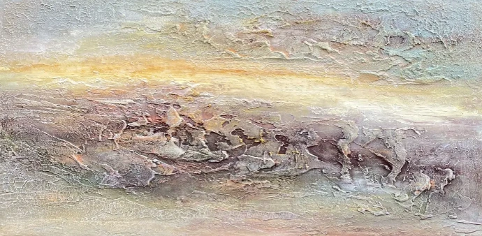 Acrylkunstwerk op linnen, verkent ruige texturen en subtiele aardetinten. Dit dynamische stuk roept natuur, emotie en verbeelding op. "Nature Reimagined" door Yelena Bondarenko: acryl op linnen, 50x100 cm, boeiende ruige texturen en kleuren, geïnspireerd door natuur en herinneringen.