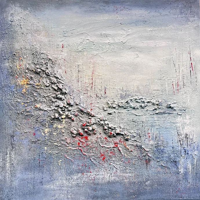 "Ionian Island" (90x90cm) van Yelena Bondarenko. Een sereen abstract landschap in acryl op linnen. Vraag informatie aan. Abstract schilderij 'Ionian Island' in serene blauw- en aardetinten dat water en bergen uitbeeldt.
