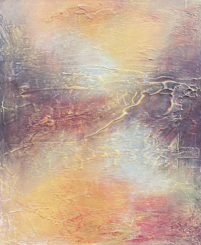 "Reflections of Dawn" - Yelena Bondarenko. Acryl op linnen, 60x50 cm. Poëtisch schilderij met herfstachtige sferen en rijke texturen. Abstract schilderij "Reflections of Dawn", 60x50 cm, met warme oranje, gele en paarse tinten, en textuurpasta.