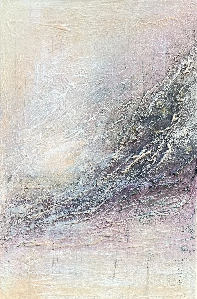 "Breath of Winter" - Yelena Bondarenko, acryl op linnen (60x40). Abstract winterlandschap, pasteltinten, textuur. Abstract winterlandschap, "Breath of Winter", 60x40 cm, pastelkleuren, textuurpasta, acryl.