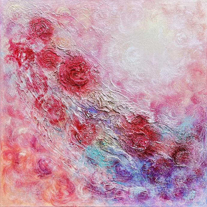 Parisian Tenderness door Yelena Bondarenko, acryl op linnen 90×90 cm; zachte, romantische tinten geïnspireerd door Montmartre en barok. Parisian Tenderness, linnen doek 90×90 cm, zachte barokke tinten roze en ivoor.