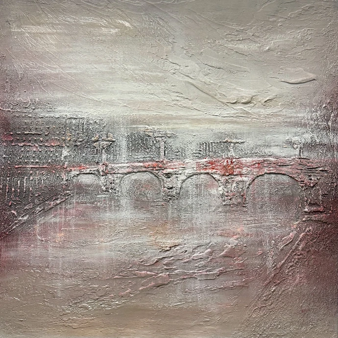 "Embracing the Seine", 90x90 cm, acryl op linnen doek, zachte kleuren en vloeiende vormen. "Embracing the Seine" door Yelena Bondarenko, acryl op linnen doek 90x90, vangt de romantische sfeer van Parijs en symboliseert liefde en verbinding.