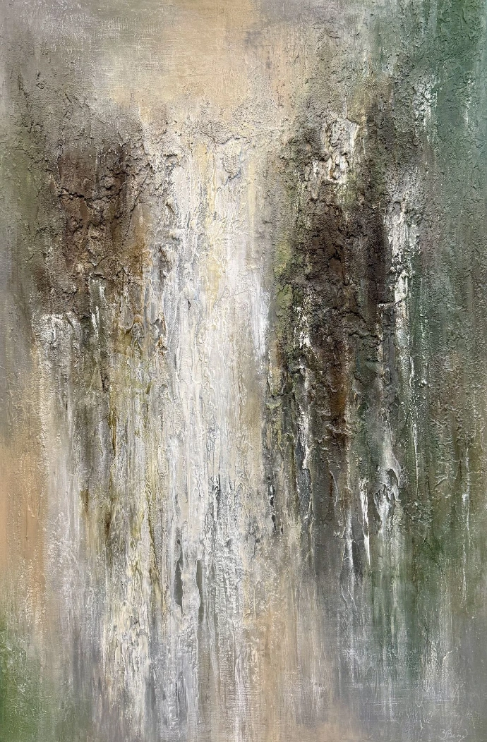 "Streams of Time", 120x80 cm, acryl op linnen, aardetinten, vloeiende vormen. "Streams of Time" van Yelena Bondarenko. Abstracte acryl op linnen met aardetinten, verkenning van tijd en natuur.