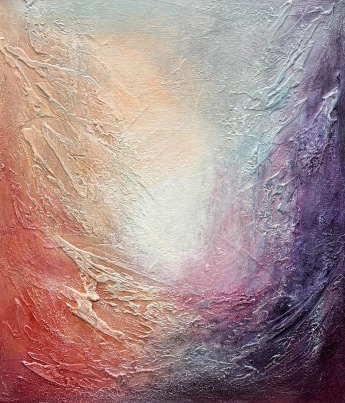 Acrylschilderij "Symphony of Pastels" (70x60cm) met zachte pasteltinten en textuur. "Symphony of Pastels" (Yelena Bondarenko, 2025): acryl op linnen, 70x60 cm. Subtiele pasteltinten, geïnspireerd door Parijs, licht en liefde.