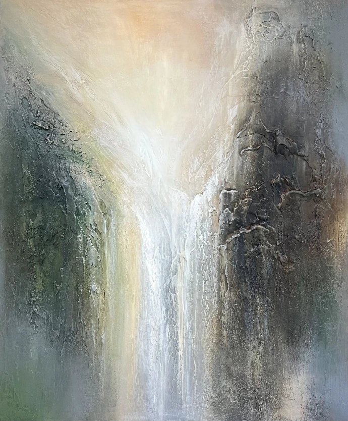 "Light between Worlds", 120x100 cm, acryl op linnen, levendige kleuren en organische vormen.