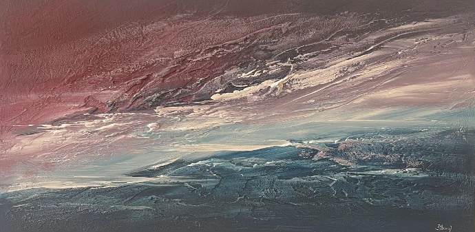 Carrent of Light, 50x100 cm: textuurrijk abstract landschap, boogvormige lichtlagen.