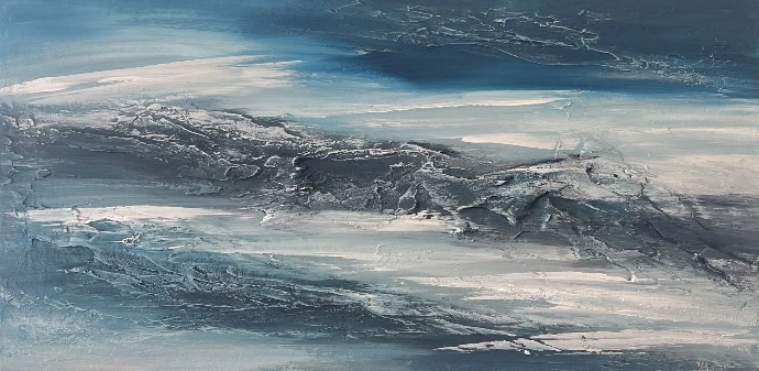 Beyond the Waves, linnen 50x100, reliëftexturen, golvende vormen, nevelige blauwtinten.