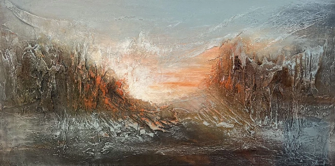 Abstract schilderij "Dragonstone": mosgroene en zwarte rotstexturen met gloeiend koraaloranje licht.