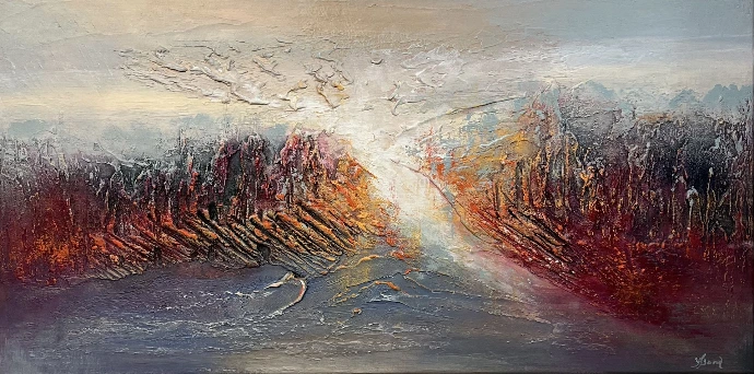 Abstract schilderij "Flame of Ice": rode, oranje vlammende texturen versmeltend in wit licht.