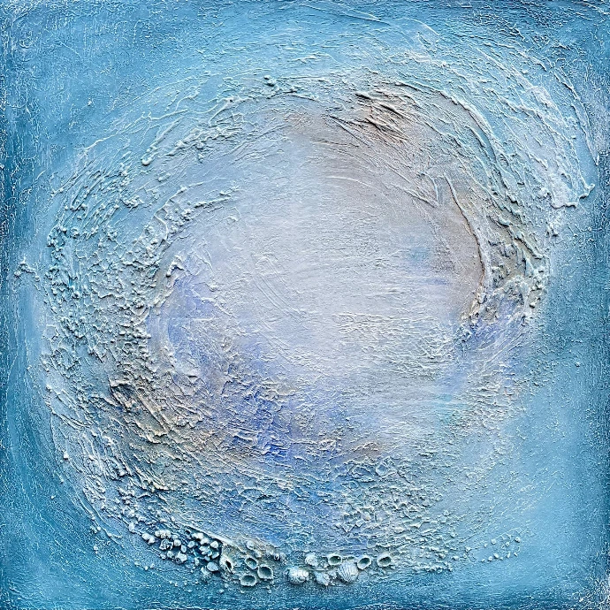 Abstract schilderij 'Samsara' met een cirkelvormige compositie in zachte tinten en een voelbaar reliëf.