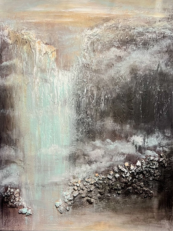 Abstract schilderij 'Music of Waterfall' met krachtige blauwe en witte verticale bewegingen en reliëf.