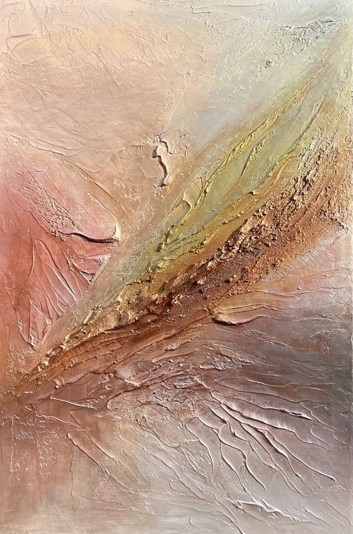 «The Power of Earth» van Yelena Bondarenko: abstract linnen schilderij, structuurpasta en acryl, warme aardetinten, kracht en transformatie in kleur en textuur.krachtige texturen. Abstract linnen schilderij 120x80 cm, gouden en aardse tinten met reliëf en diagonale vormen, krachtige texturen.