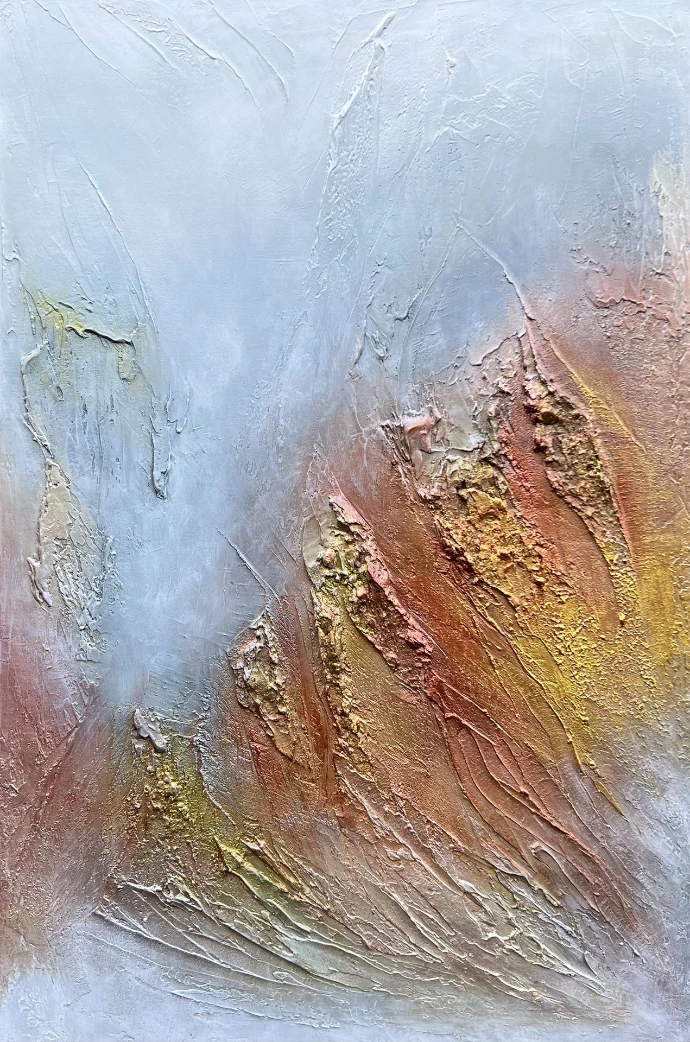 "The Golden Mountains of Montserrat" — 120x80 cm, structuurpasta en acryl op linnen. Blauw, koper en goud in een sfeer van licht en mysterie. Abstract schilderij "The Golden Mountains of Montserrat” 120x80 cm, gekartelde bergtoppen in blauw, koper en goud reliëf.