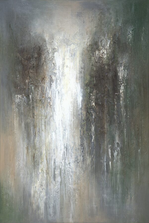 Abstract schilderij "Streams of Time" van Yelena Bondarenko, 120×80 cm: lichte witte stroom tussen donkere bruine en mosgroene vlakken