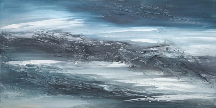 Abstract schilderij "Beyond the Waves" van Yelena Bondarenko, 50×100 cm: golvende blauwe en witte lagen in een horizontaal landschap
