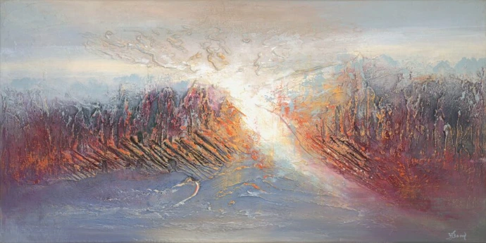 Abstract schilderij "Flame of Ice" van Yelena Bondarenko, 50×100 cm: rode en oranje vlammende texturen die samenkomen in wit licht