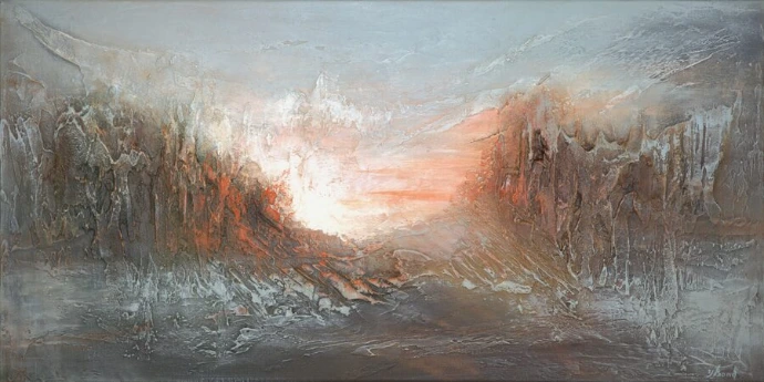 Abstract schilderij "Dragonstone" van Yelena Bondarenko, 50×100 cm: mosgroene en roodbruine heuvels rond een lichte vallei