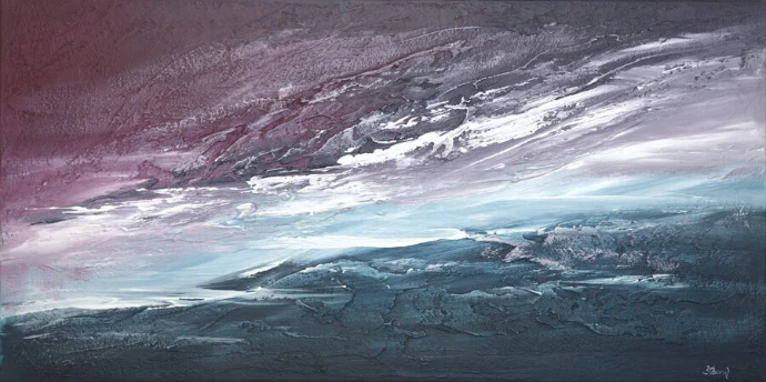 Abstract schilderij "Current of Light" van Yelena Bondarenko, 50×100 cm: diagonale lichtstroom tussen een paarse lucht en donkerblauwe golven