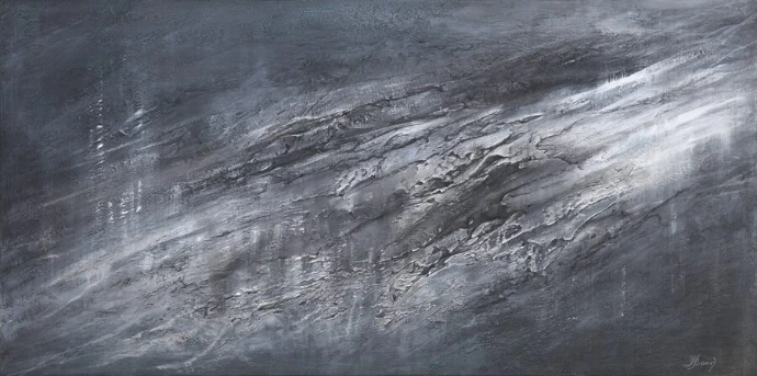 Abstract schilderij "Chromatic Currents" van Yelena Bondarenko, 60×120 cm: donkere horizontale vegen in grijs en wit