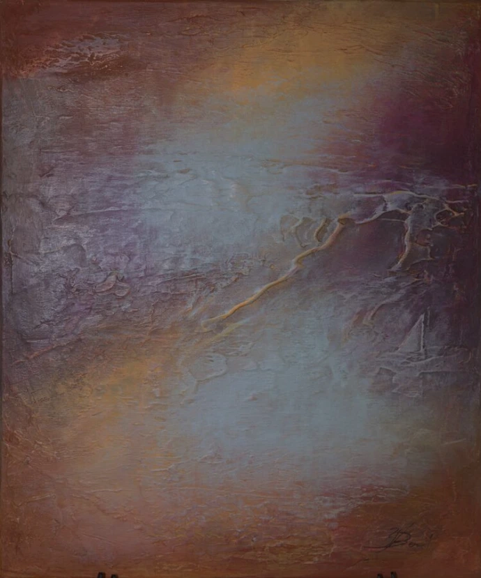Abstract schilderij "Reflections of Dawn" van Yelena Bondarenko, 60×50 cm: warme oranje, paarse en grijsblauwe tinten met een fijne gouden lijn