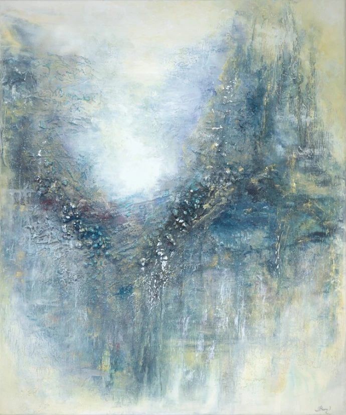 Abstract schilderij "Corfu" van Yelena Bondarenko, 120×100 cm: blauwe en groene reliëfvormen in een V-vorm rond wit licht