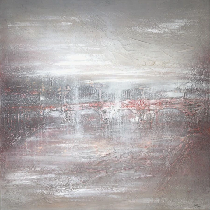 Abstract schilderij "Embracing the Seine" van Yelena Bondarenko, 90×90 cm: lichte grijs-roze compositie met een brug en zijn weerspiegeling
