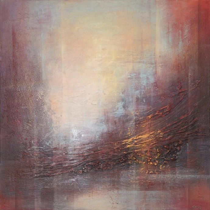 Abstract schilderij "Crimson Ridge of Autumn" van Yelena Bondarenko, 90×90 cm: dieprode bergkam tegen een warme, lichte lucht