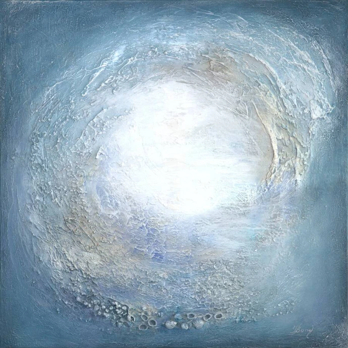 Abstract schilderij "Samsara" van Yelena Bondarenko, 90×90 cm: cirkel van wit licht omringd door blauwe en zandkleurige textuur