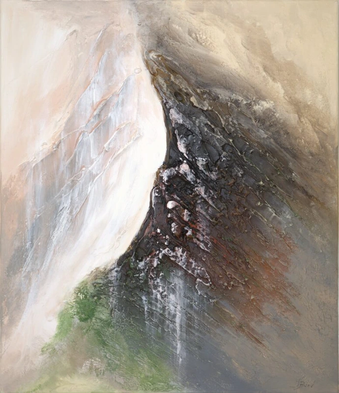 Abstract schilderij "Madeira. Heart of the Mountains" van Yelena Bondarenko, 70×60 cm: donkere bergkam naast een bleke nevelhelling met groen
