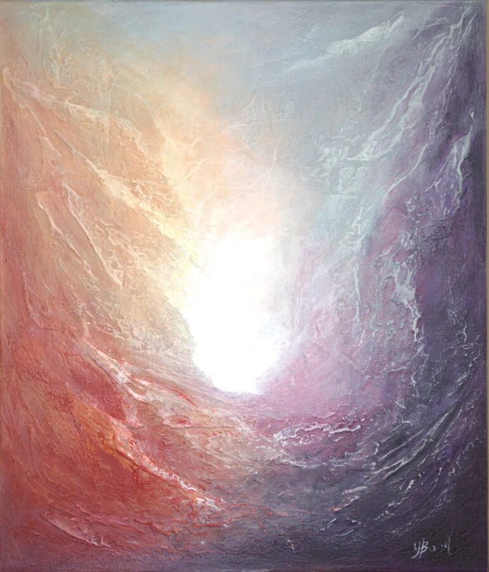 Abstract schilderij "Symphony of Pastels" van Yelena Bondarenko, 70×60 cm: lichttunnel omringd door roze, oranje en paarse lagen